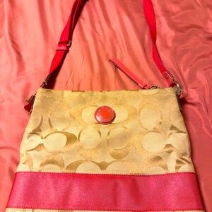 Coach Tan and Pink Crossbody Bag with Signature Monogram